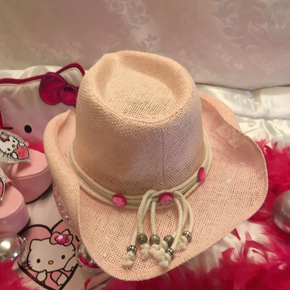 ADORABLE vintage cotton candy pink cowboy hat with hello kitty and crystals! - Picture 9 of 10